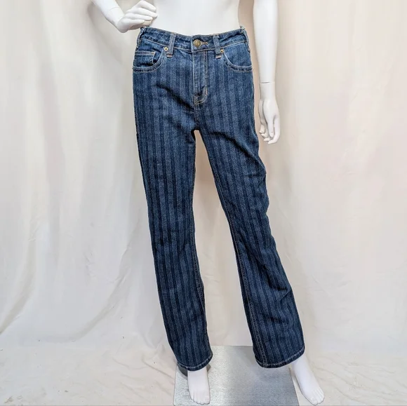 Dark Blue Striped Denim High Rise Bootcut Jeans - Picture 4 of 13